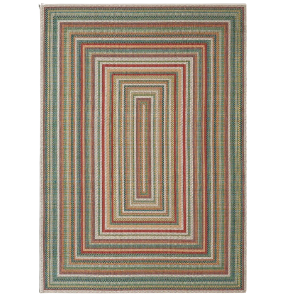Coastal-Inspired Geometric Rug – Fade & Stain-Resistant, Green & Orange Pattern, Ideal for Indoor/Outdoor Use