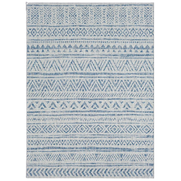 Striped Geometric Area Rug – Blue & Taupe, Durable Polypropylene, Low-Pile Design for High-Traffic Indoor/Outdoor Spaces