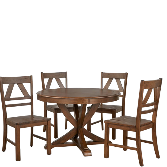 Charming Country-Style Dining Set with Rustic Appeal – Round Table & Geometric Back Chairs
