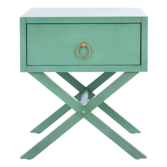 1-Drawer Nightstand – Classic Campaign Style with Contemporary Chic, Acacia Wood Frame, Cross-Base Design, Bold Finish, Gold Drawer Pull, Perfect for Modern Bedrooms
