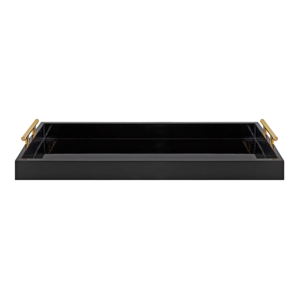 Sleek and Sophisticated Long Rectangular Serving Tray – High Gloss Wood with Polished Metal Handles, Perfect for Entryway, Vanity, or Coffee Table