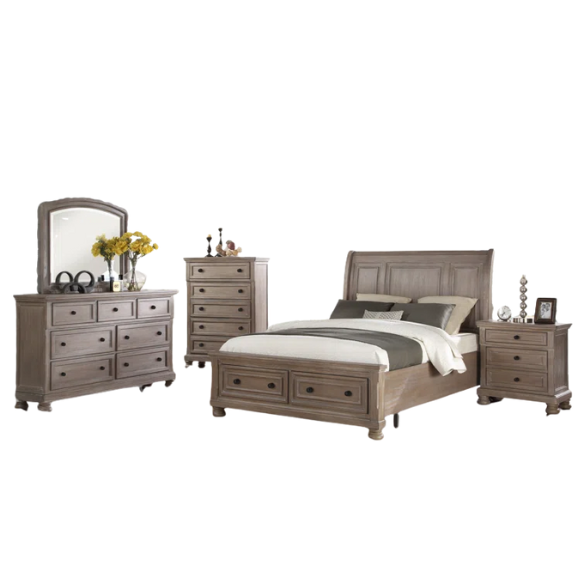 Stylish King Platform Solid Wood Configurable Bedroom Set – Featuring Curved Paneled Headboard, Footboard Storage Drawers, Seven-Drawer Dresser, and Two-Drawer Nightstand for a Functional and Clutter-Free Teen Retreat