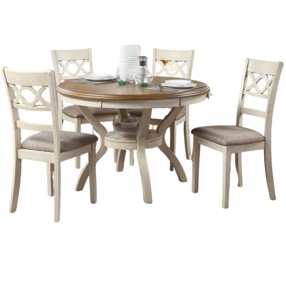 5-Piece Dining Set – Modern Farmhouse Round Table with Curvy Legs & X-Cross Chair Detail