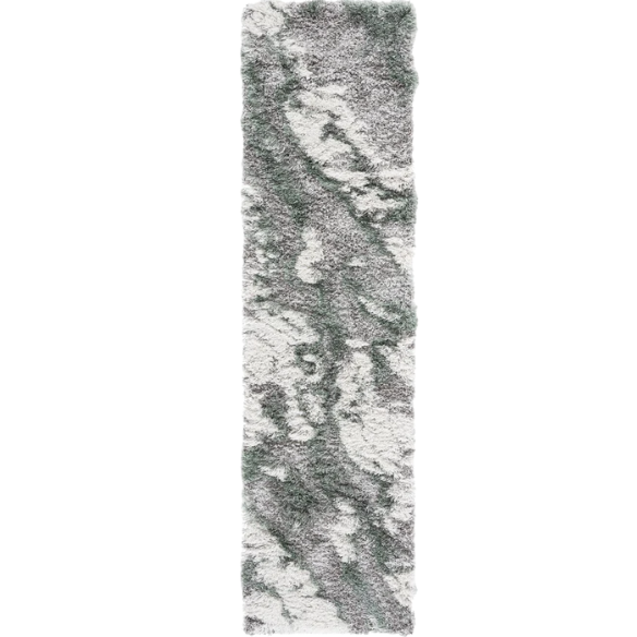 Plush Abstract Green, Grey, and White Pattern Shag Rug