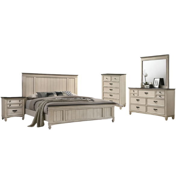 Elegant 5-Piece Cream and Brown Modern Wood Panel Bedroom Set with Intricate Detailing