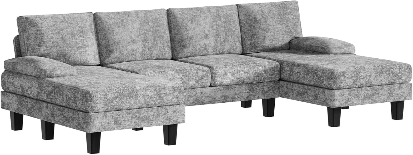 U-shaped sectional sofa with chaise lounges, featuring luxurious grey velvet upholstery, high-density foam, and spring pack for ultimate comfort. Spacious enough to seat 4 people, with removable, machine-washable covers for easy cleaning. Perfect for family rooms or entertaining guests.