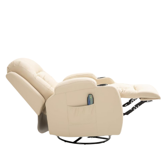 Cream white massage recliner with heating, vibration, and reclining features for ultimate comfort, including 8 massage motors, 4 targeted zones, and remote control.