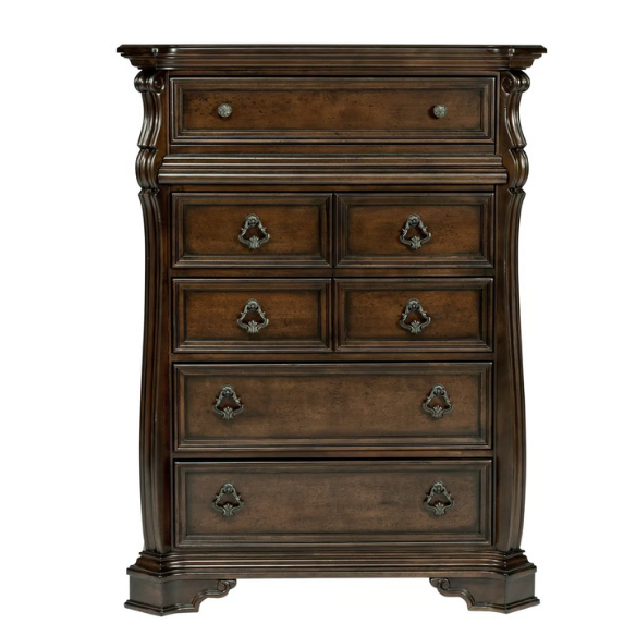 Classic Elegance with a Touch of Tradition – 5-Piece King Bedroom Set Featuring Sleigh Bed with Rope Twist Cap Rails, Dresser, Mirror, Chest, and Nightstand with Hidden Storage and Custom Drop Ring Hardware