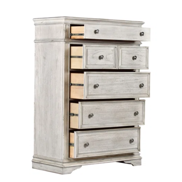 Rustic White King 5-Piece Bedroom Set – Upholstered Tufted Bed, Nightstand, Dresser with Mirror, and Chest