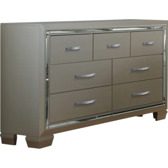 Elegant Glamour: 5-Piece Bedroom Set with Lustrous Platinum Dresser, Crystal and Chrome Handles – A Stunning, Star-Quality Collection to Elevate Your Bedroom Décor