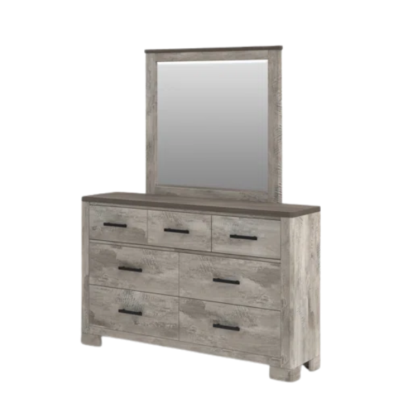 Coastal Farmhouse-Inspired King Size Bedroom Set: Distressed Whitewash Finish with Natural Brown Accents – Includes Platform Bed, 2-Drawer Nightstand, 7-Drawer Dresser with Mirror, and Optional 5-Drawer Chest for Complete Storage Solution