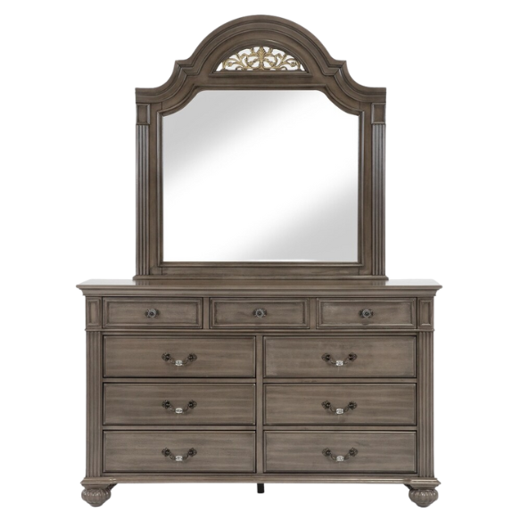 Elegant Traditional 5-Piece Grey Wood Poster Bedroom Set with Fluted Columns, Carved Floral Accents, and Bell-Shaped Headboard