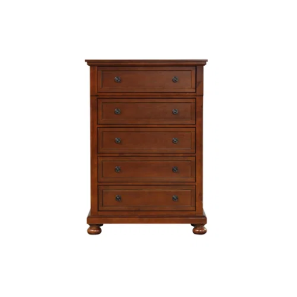 Cherry Brown King Size Platform Bedroom Set with Real Wood Veneers, Full Extension Footboard Storage Drawers, and Matching Large-Scale Dressers, Nightstands, and Mirror