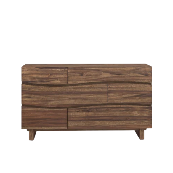 Boho-Inspired Configurable Bedroom Set with Bold Design, Solid Wood Construction, and Wavy Accents - Includes Platform Bed, Nightstand, and 6-Drawer Dresser in Rich Brown Finish