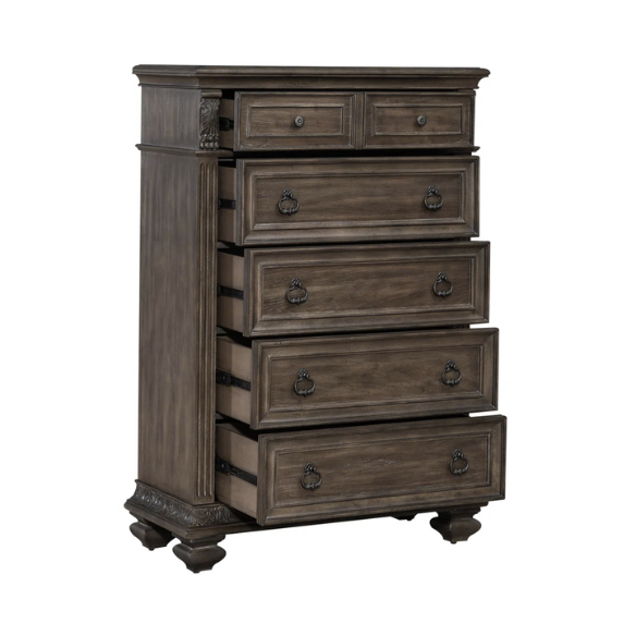 Brown & Beige King Poster Bedroom Set with Dresser, Mirror, Chest & Nightstand – Rustic Hickory Veneers, Sand Linen Upholstery, Antique Brass Accents