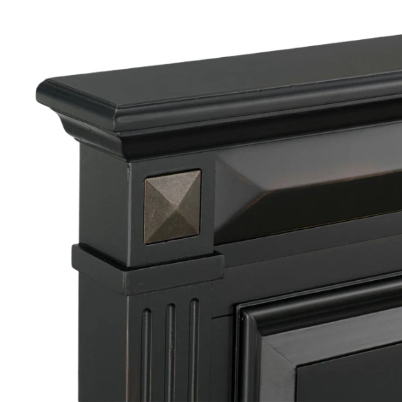 4-Piece Vintage Black Wood Panel Bedroom Set with Distressed Parchment Finish – Traditional Elegance with Silver Accents, Beveled Drawer Fronts, and Brass Rosette Knob Hardware
