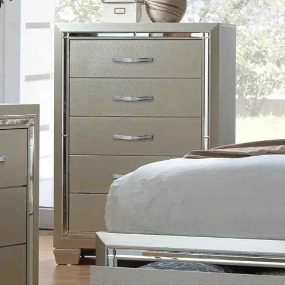 Elegant Glamour: 5-Piece Bedroom Set with Lustrous Platinum Dresser, Crystal and Chrome Handles – A Stunning, Star-Quality Collection to Elevate Your Bedroom Décor
