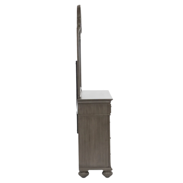 Elegant Traditional 5-Piece Grey Wood Poster Bedroom Set with Fluted Columns, Carved Floral Accents, and Bell-Shaped Headboard
