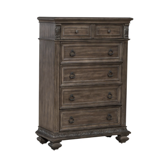 Brown & Beige King Poster Bedroom Set with Dresser, Mirror, Chest & Nightstand – Rustic Hickory Veneers, Sand Linen Upholstery, Antique Brass Accents