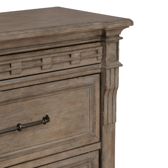 Timeless Elegance Barrigan 6-Piece King Panel Bed, Dresser, Mirror, Chest & Nightstand Set – Dusty Taupe Finish, Burnished Brass Accents, Full Extension Drawers, Cedar & Felt-Lined Drawers, Decorative Fretwork, and Built-in Charging Station