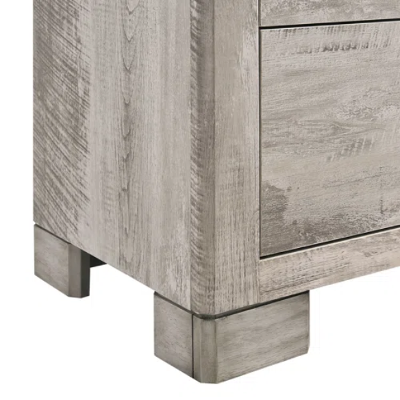 Coastal Farmhouse-Inspired King Size Bedroom Set: Distressed Whitewash Finish with Natural Brown Accents – Includes Platform Bed, 2-Drawer Nightstand, 7-Drawer Dresser with Mirror, and Optional 5-Drawer Chest for Complete Storage Solution