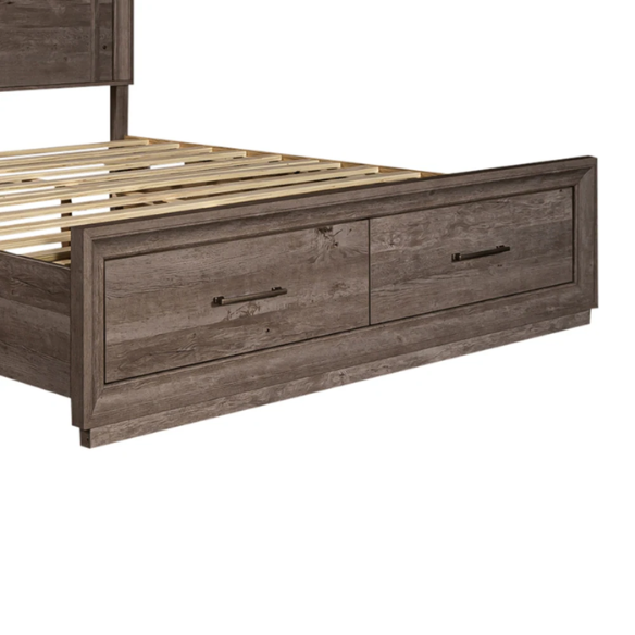 Modern Greystone 4-Piece King Storage Bed, Dresser, Mirror & Nightstand Set with LED Lighting, Built-In Charging Station, and Brushed Nickel Hardware – Floating Panel Headboard and Plinth Base