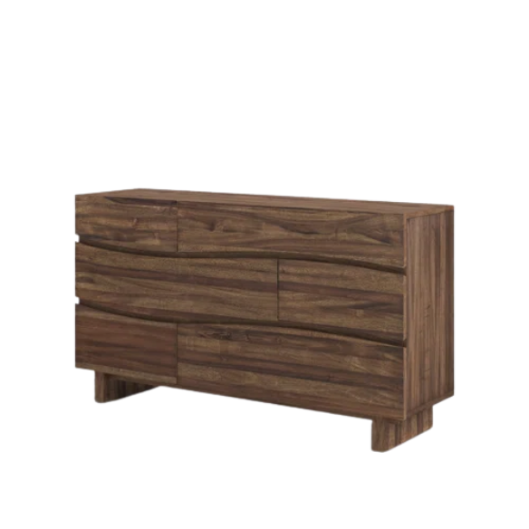 Boho-Inspired Configurable Bedroom Set with Bold Design, Solid Wood Construction, and Wavy Accents - Includes Platform Bed, Nightstand, and 6-Drawer Dresser in Rich Brown Finish