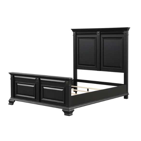 4-Piece Vintage Black Wood Panel Bedroom Set with Distressed Parchment Finish – Traditional Elegance with Silver Accents, Beveled Drawer Fronts, and Brass Rosette Knob Hardware