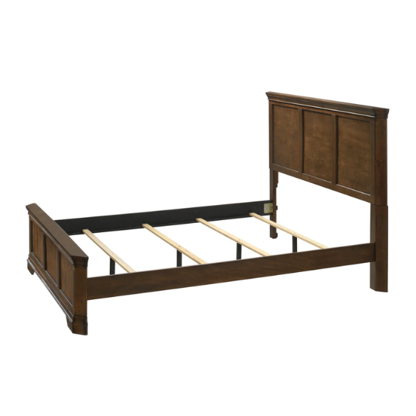 Classic Traditional Wood Queen Panel Bed with Dresser, Mirror, and Two Nightstands in Antique Walnut Finish