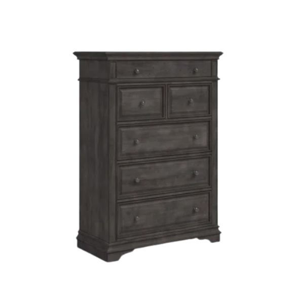 Rustic Driftwood Grey King 5-Piece Bedroom Set – Upholstered Tufted Bed, Nightstand, Dresser with Mirror, and Chest