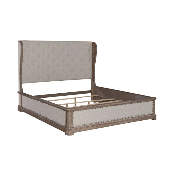 Timeless Elegance Barrigan 6-Piece King Panel Bed, Dresser, Mirror, Chest & Nightstand Set – Dusty Taupe Finish, Burnished Brass Accents, Full Extension Drawers, Cedar & Felt-Lined Drawers, Decorative Fretwork, and Built-in Charging Station