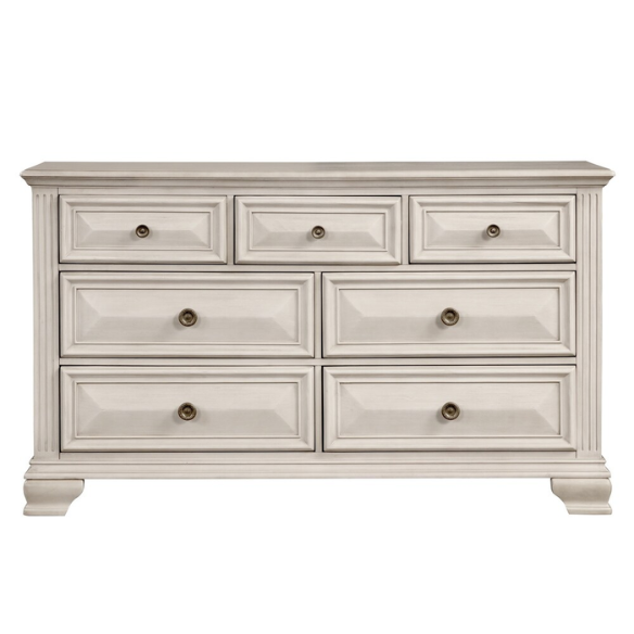 Distressed Parchment Wood Queen Bedroom Set – Elegant Silver Accents, Fluted Pilasters, and Beveled Drawer Fronts for Timeless Charm