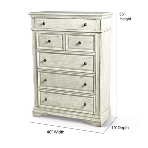 Rustic White King 5-Piece Bedroom Set – Upholstered Tufted Bed, Nightstand, Dresser with Mirror, and Chest