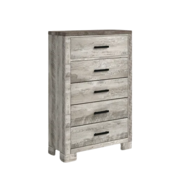 Coastal Farmhouse-Inspired King Size Bedroom Set: Distressed Whitewash Finish with Natural Brown Accents – Includes Platform Bed, 2-Drawer Nightstand, 7-Drawer Dresser with Mirror, and Optional 5-Drawer Chest for Complete Storage Solution