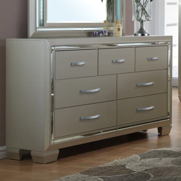 Elegant Glamour: 5-Piece Bedroom Set with Lustrous Platinum Dresser, Crystal and Chrome Handles – A Stunning, Star-Quality Collection to Elevate Your Bedroom Décor