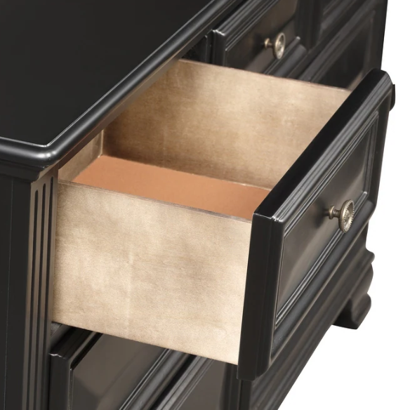 4-Piece Vintage Black Wood Panel Bedroom Set with Distressed Parchment Finish – Traditional Elegance with Silver Accents, Beveled Drawer Fronts, and Brass Rosette Knob Hardware