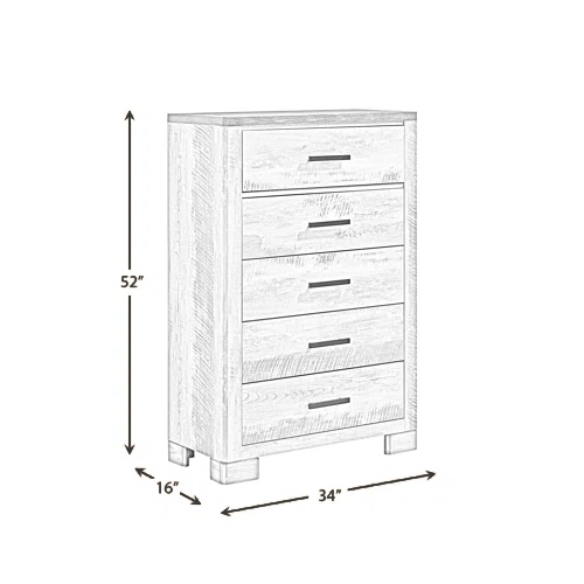 Coastal Farmhouse-Inspired King Size Bedroom Set: Distressed Whitewash Finish with Natural Brown Accents – Includes Platform Bed, 2-Drawer Nightstand, 7-Drawer Dresser with Mirror, and Optional 5-Drawer Chest for Complete Storage Solution