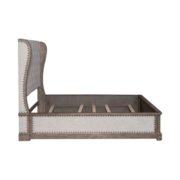 Timeless Elegance Barrigan 6-Piece King Panel Bed, Dresser, Mirror, Chest & Nightstand Set – Dusty Taupe Finish, Burnished Brass Accents, Full Extension Drawers, Cedar & Felt-Lined Drawers, Decorative Fretwork, and Built-in Charging Station