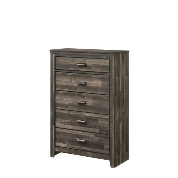Rustic Dark Grey Weathered 6-Piece Platform Bedroom Set with Bold Black Hardware – Frame-Style Design, Metal-on-Metal Drawer Guides, and Sturdy Construction