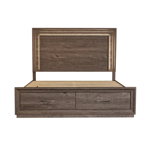 Modern Greystone 4-Piece King Storage Bed, Dresser, Mirror & Nightstand Set with LED Lighting, Built-In Charging Station, and Brushed Nickel Hardware – Floating Panel Headboard and Plinth Base