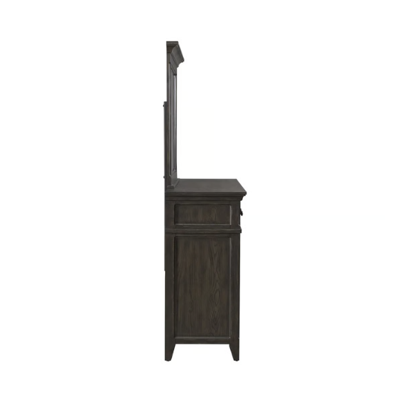 Rustic Elegance 3-Piece King Panel Bed, Dresser & Mirror Set in Saddle Brown – Crafted with Rubberwood and Split Heart White Oak Veneers, Soft-Close Drawers, Cedar Lining, Antique Pewter Hardware, and Crown Molding Details