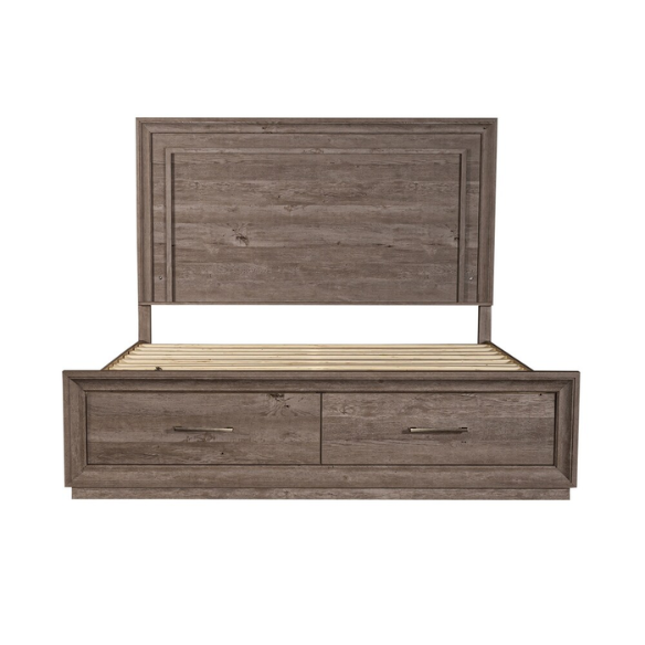 Modern Greystone 4-Piece King Storage Bed, Dresser, Mirror & Nightstand Set with LED Lighting, Built-In Charging Station, and Brushed Nickel Hardware – Floating Panel Headboard and Plinth Base