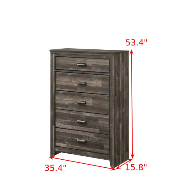 Rustic Dark Grey Weathered 6-Piece Platform Bedroom Set with Bold Black Hardware – Frame-Style Design, Metal-on-Metal Drawer Guides, and Sturdy Construction