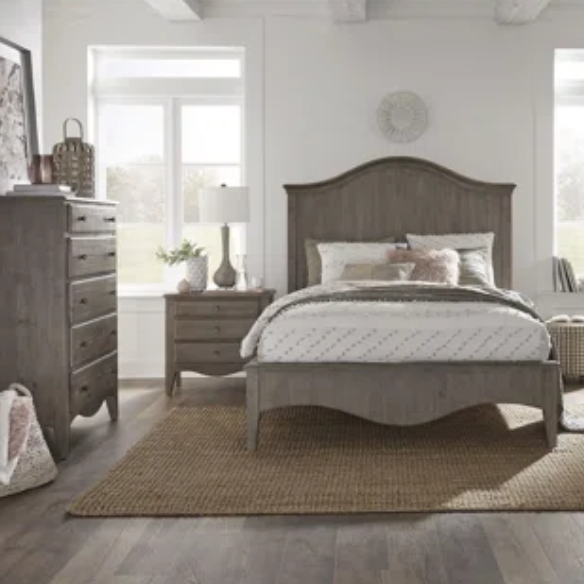 Rustic Charm Meets Chic Elegance: Solid Wood Platform King Size Bedroom Set with Scalloped Edges, Weathered White Wash Finish, Unique Grain Patterns, Angled Feet, and Oil-Rubbed Bronze Drawer Pulls
