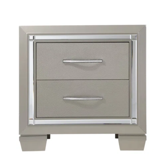 Elegant Glamour: 5-Piece Bedroom Set with Lustrous Platinum Dresser, Crystal and Chrome Handles – A Stunning, Star-Quality Collection to Elevate Your Bedroom Décor