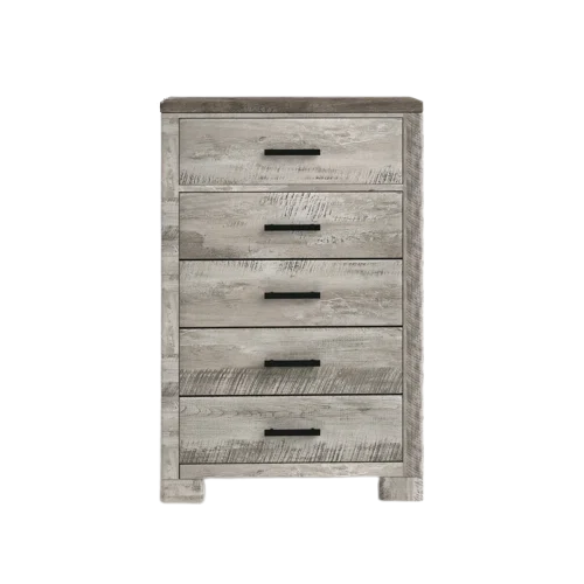 Coastal Farmhouse-Inspired King Size Bedroom Set: Distressed Whitewash Finish with Natural Brown Accents – Includes Platform Bed, 2-Drawer Nightstand, 7-Drawer Dresser with Mirror, and Optional 5-Drawer Chest for Complete Storage Solution