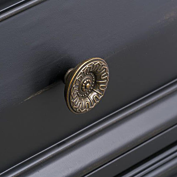 4-Piece Vintage Black Wood Panel Bedroom Set with Distressed Parchment Finish – Traditional Elegance with Silver Accents, Beveled Drawer Fronts, and Brass Rosette Knob Hardware