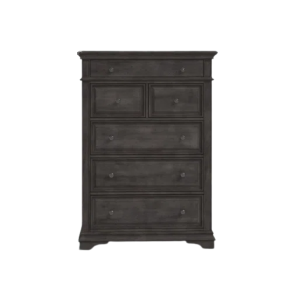 Rustic Driftwood Grey King 5-Piece Bedroom Set – Upholstered Tufted Bed, Nightstand, Dresser with Mirror, and Chest