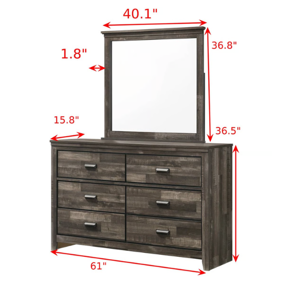 Rustic Dark Grey Weathered 6-Piece Platform Bedroom Set with Bold Black Hardware – Frame-Style Design, Metal-on-Metal Drawer Guides, and Sturdy Construction