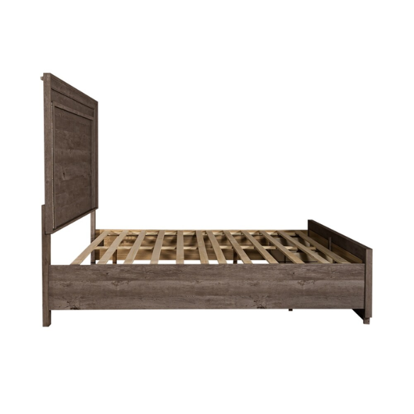 Modern Greystone 4-Piece King Storage Bed, Dresser, Mirror & Nightstand Set with LED Lighting, Built-In Charging Station, and Brushed Nickel Hardware – Floating Panel Headboard and Plinth Base